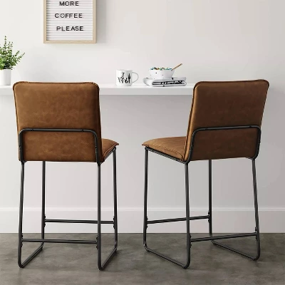 Upholstered Counter Height Barstool With Metal Frame Camel Faux Leather - Room Essentials™: Sledge-Style Legs, Padded Seat 1 Upholstered Counter Height Barstool With Metal Frame Camel Faux Leather - Room Essentials™: Sledge-Style Legs, Padded Seat